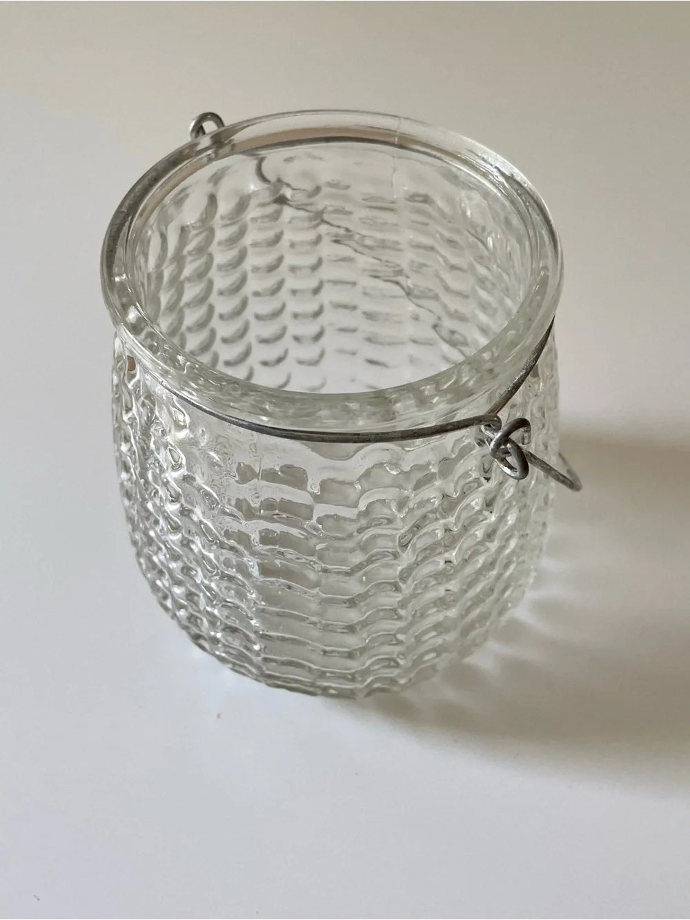 Clear Textured Glass Votive Holder Lantern with Metal Hanging Handle
